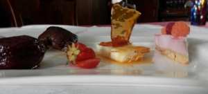 Assiette gourmand:pear poached in red wine,chocolate fleur,mango pannacota with pernod brittle,raspberry bavarois